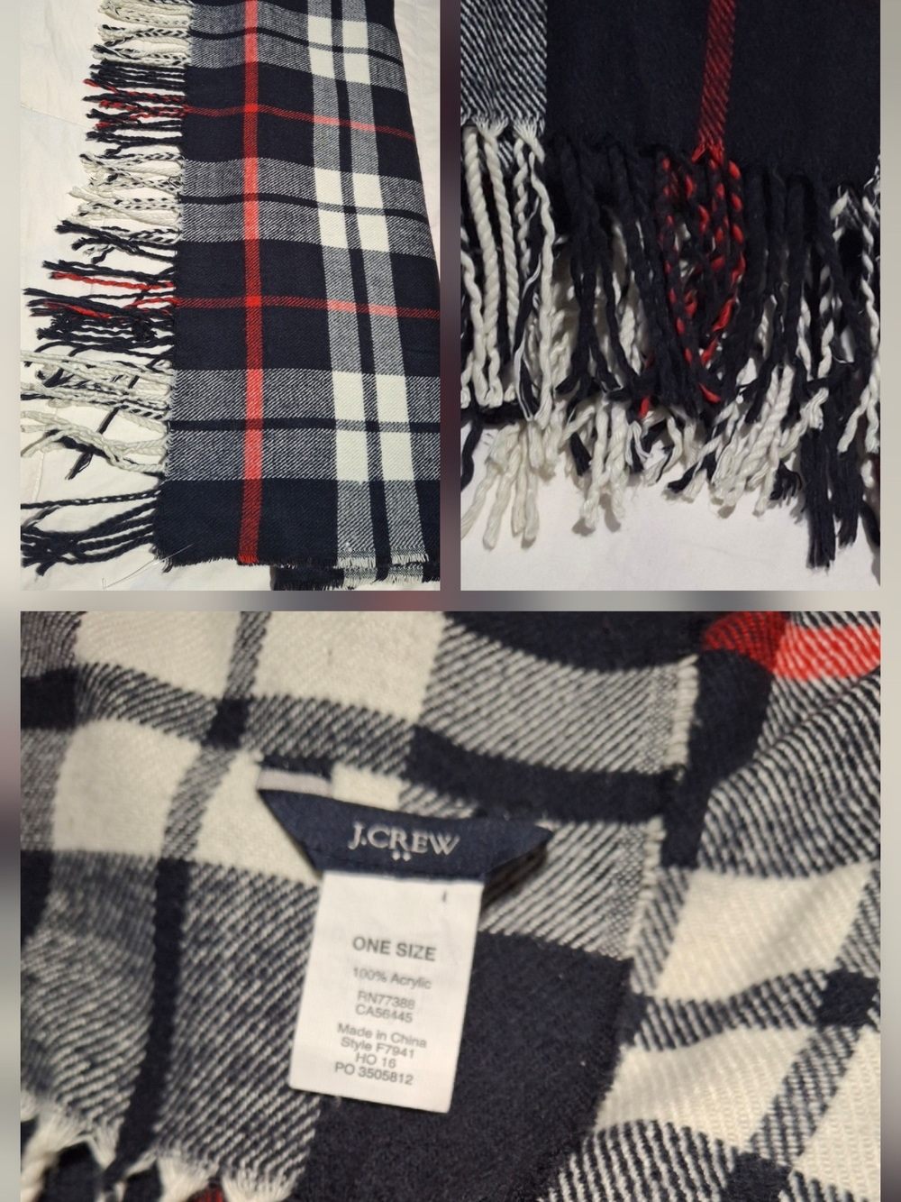 J. Crew Black & White Plaid LADIE Scarf with Red Accents